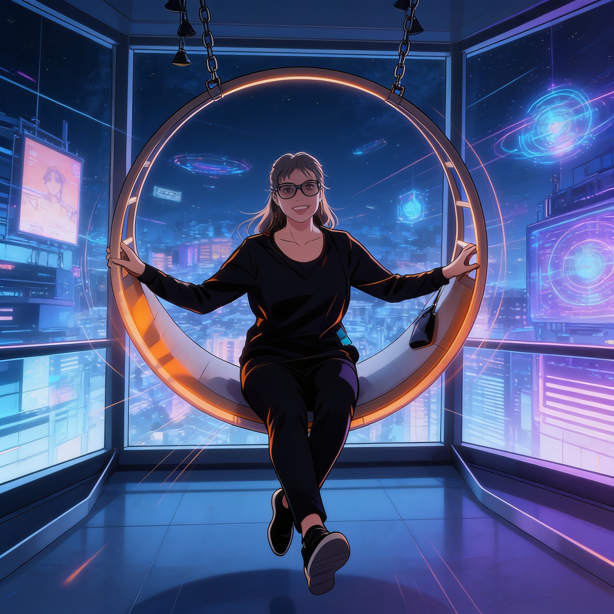 Illustrated portrait of Helena Velasquez sitting in a glowing circular swing overlooking a futuristic city at night